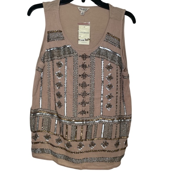 Lucky Brand beige beaded sleeveless top sz M - Picture 1 of 11